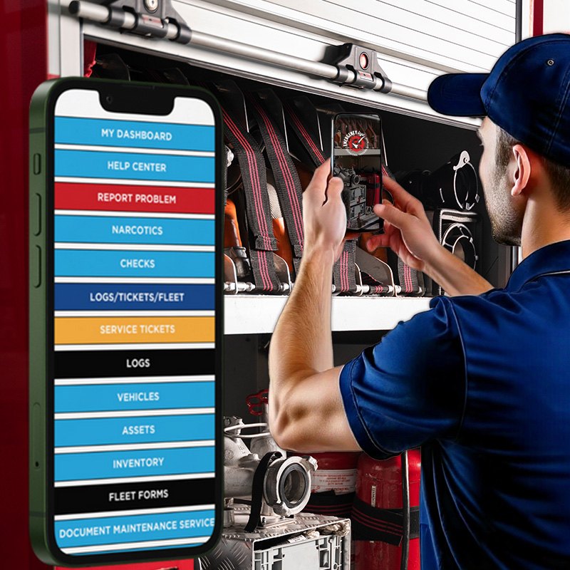 Emergency Logs open on a phone while a firefighter checks an apparatus compartment