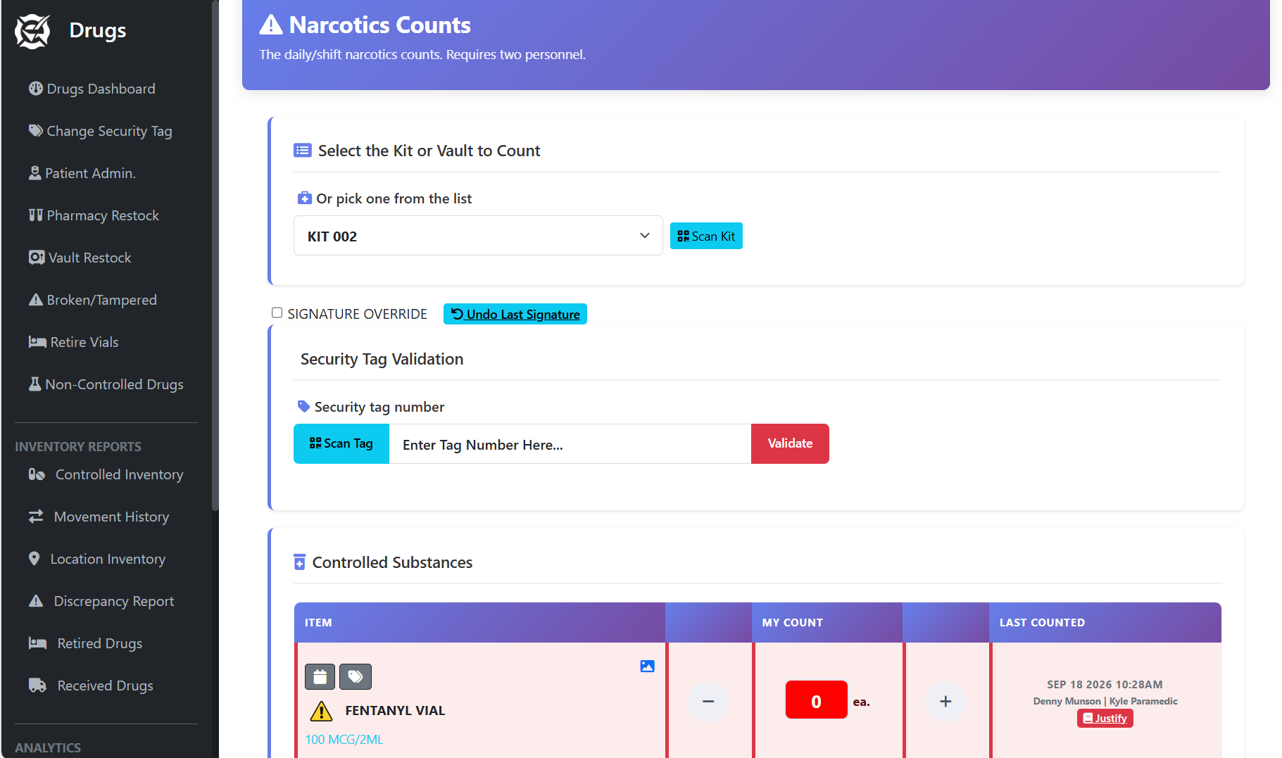 The narcotics count screen on a desktop